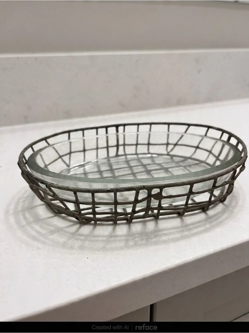 Primitive Glass Insert Oval Soap Dish with Metal Wire Basket - Gray